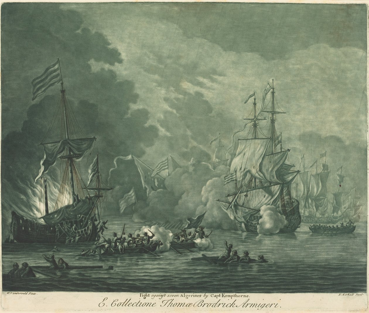 Gevecht tegen zeven Algerijnen door Elisha Kirkall after Willem van de Velde the Elder