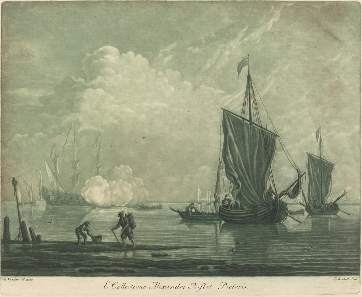 Scheepvaartscène uit de Collectie van Alexander Nisbit door Elisha Kirkall after Willem van de Velde the Elder