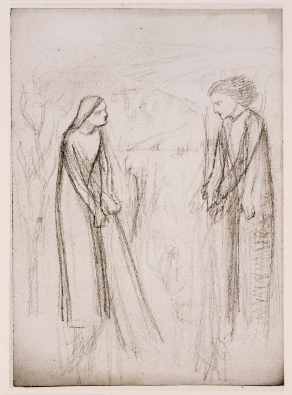Annunciatie, mogelijk, ca 1970-77 (zwart-wit foto afgedrukt op wit papier) door Elizabeth Eleanor (1834 62) (after) Siddal
