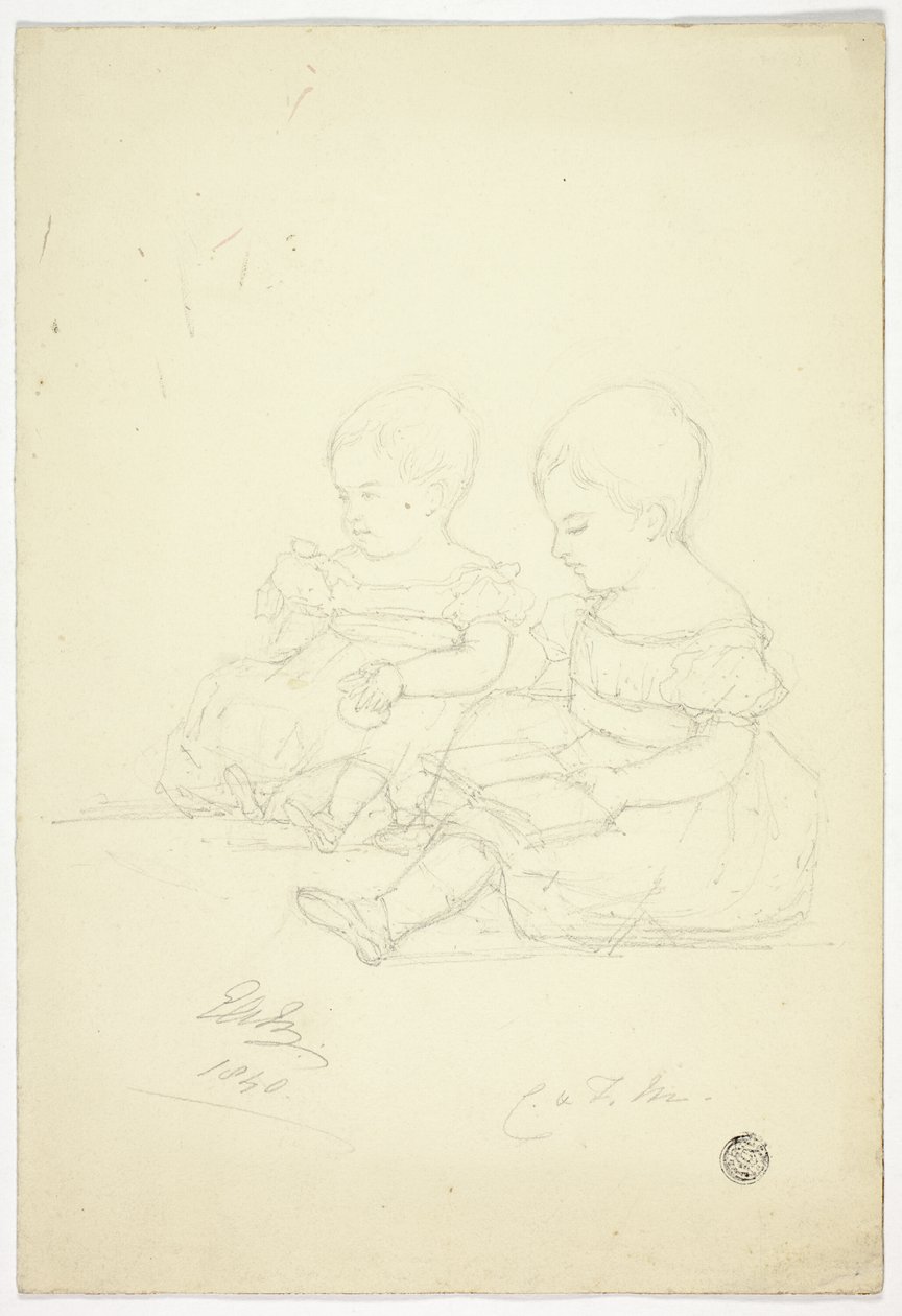 Twee zittende babymeisjes (recto), een stilleven, en twee dieren (verso) door Elizabeth Murray