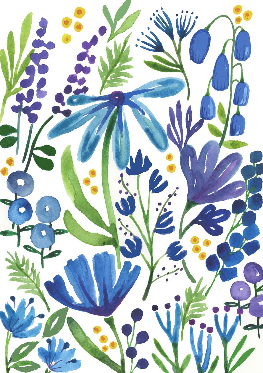 Blauwe bloemen, 2018 (aquarel) door Elizabeth Rider
