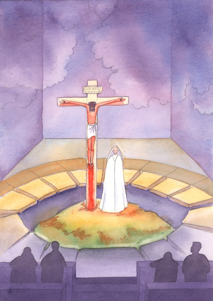 Bij elke Mis zijn we aanwezig bij het Offer dat eens werd gebracht op Golgotha, toen Christus voor ons leed en stierf, terwijl Zijn Moeder bij Hem stond, 2005 (aquarel op papier) door Elizabeth Wang