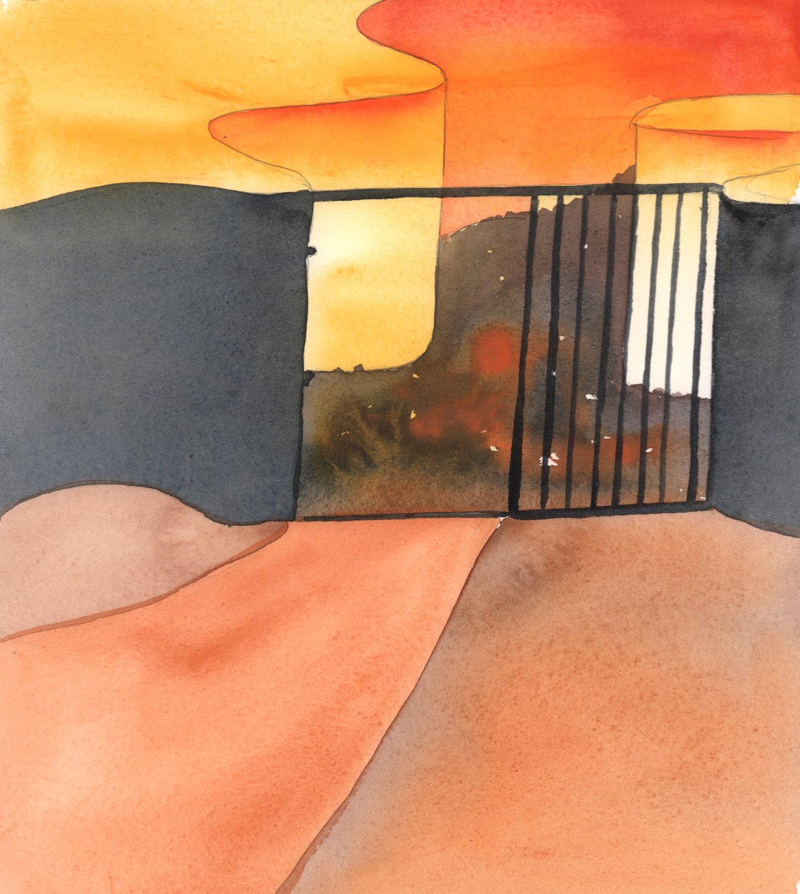Bij de ingang van de hel is een grote, getraliede poort, die stevig sluit nadat elke nieuwkomer is binnengekomen, 2005 (aquarel op papier) door Elizabeth Wang