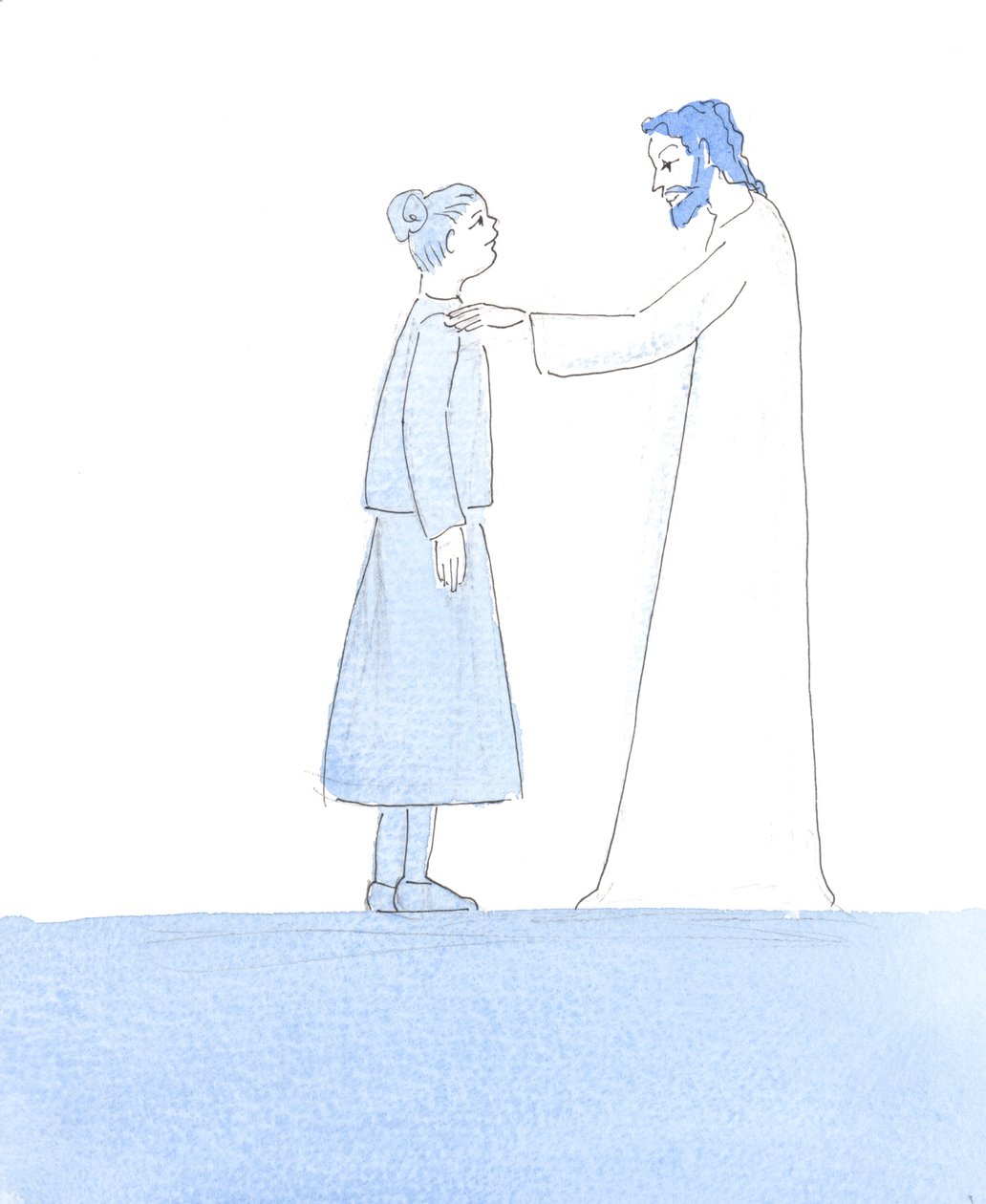 Christus veegde over mijn schouder, terwijl Hij me verzekerde dat onze kleine tekortkomingen als kleine stofjes op een net pak zijn, als we tot Hem naderen voor de Heilige Communie, 2005 (aquarel op papier) door Elizabeth Wang