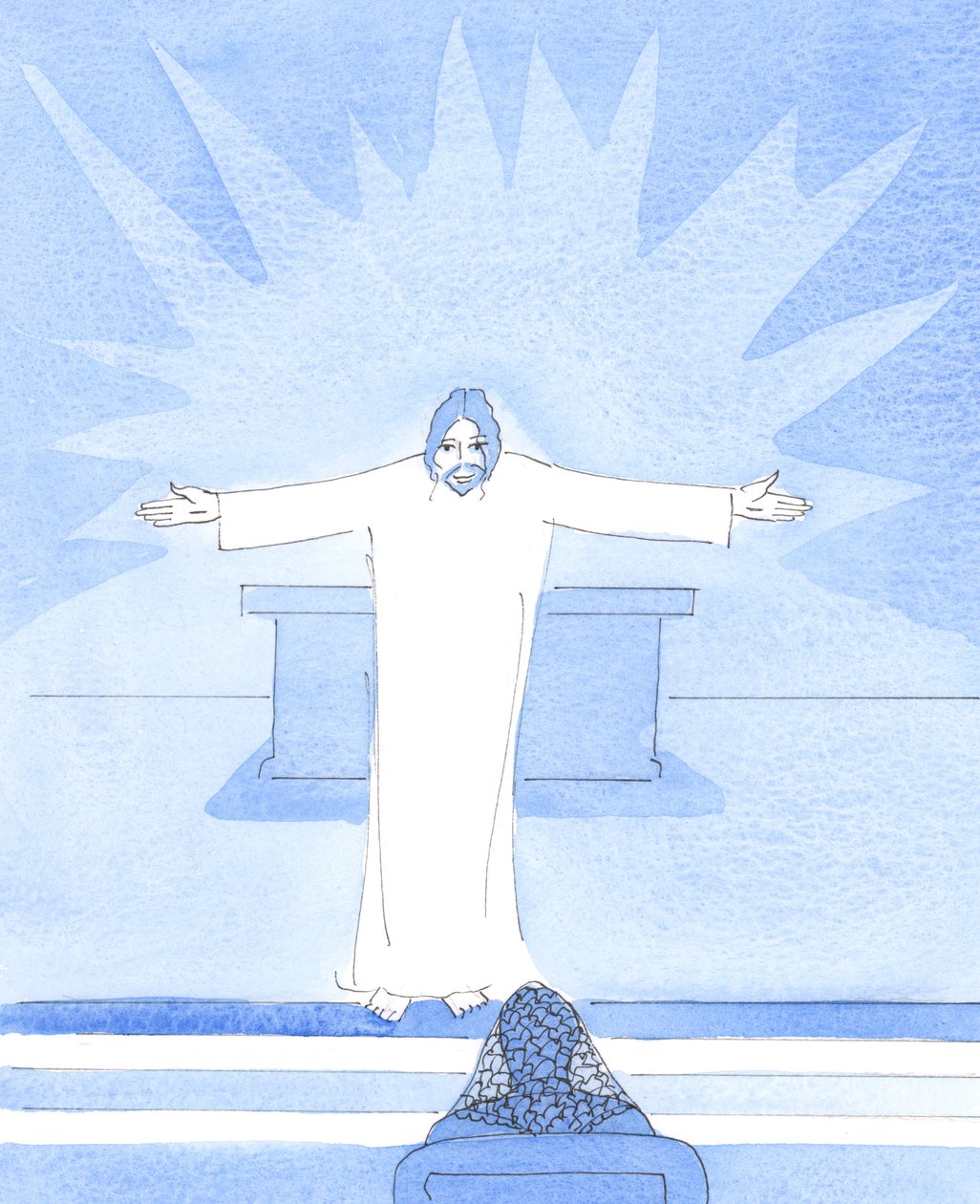 Christus begroette me met Zijn armen wijd open in een liefdevol gebaar, waaruit Zijn vreugde blijkt, op de verjaardag van mijn kind, dat ik elk kind dat ik heb verwekt heb verwelkomd en dankbaar ben geweest voor Gods geschenk van hulp, 2005 (aquarel op pap door Elizabeth Wang