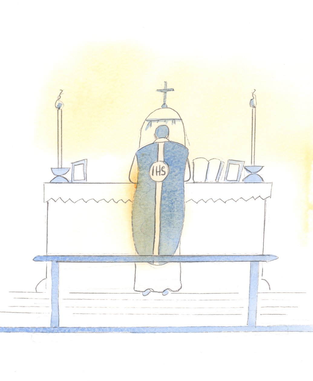 Christus is blij met de viering van de Buitengewone Misvorm, die ons in staat stelt aspecten van de liturgie te ervaren die zowel bewonderenswaardig als gepast zijn, 2005 (aquarel op papier) door Elizabeth Wang