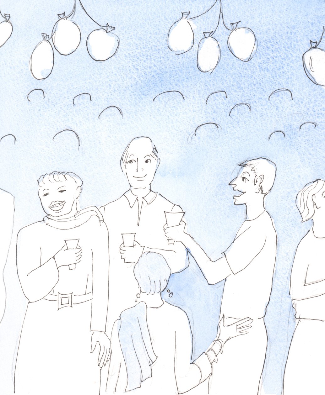 Christus kijkt met vreugde toe wanneer we het leven of goed nieuws vieren door voedsel en drank te delen met vrienden, op een feest, in oprechte wederzijdse vreugde, met een verlangen om vreugde te geve door Elizabeth Wang