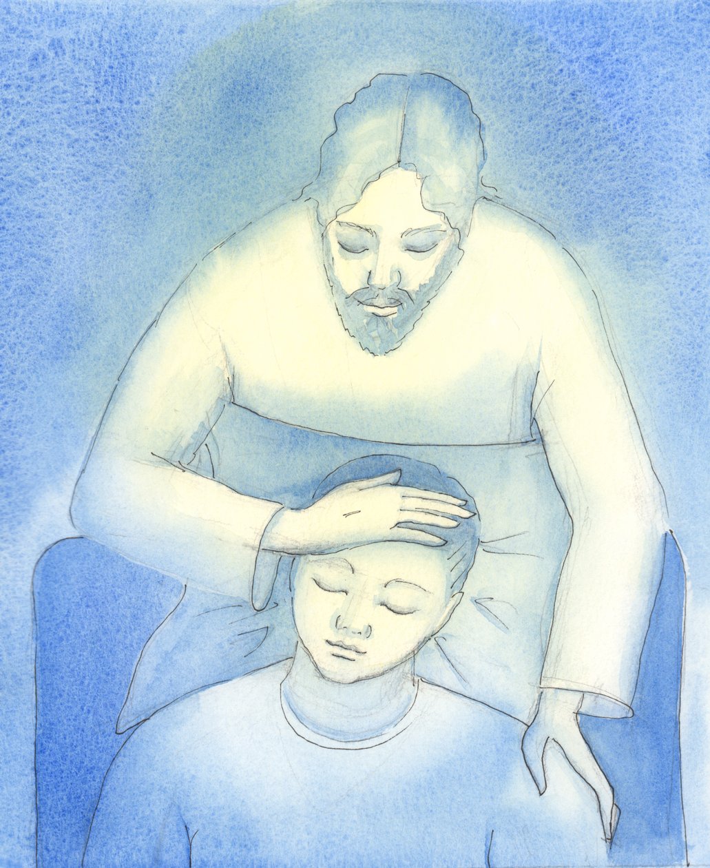 Christus ziet onze pijn en uitputting, en komt naar ons toe in de Heilige Communie om troost en geruststelling te bieden, zoals een moeder het haar van een kind streelt door Elizabeth Wang