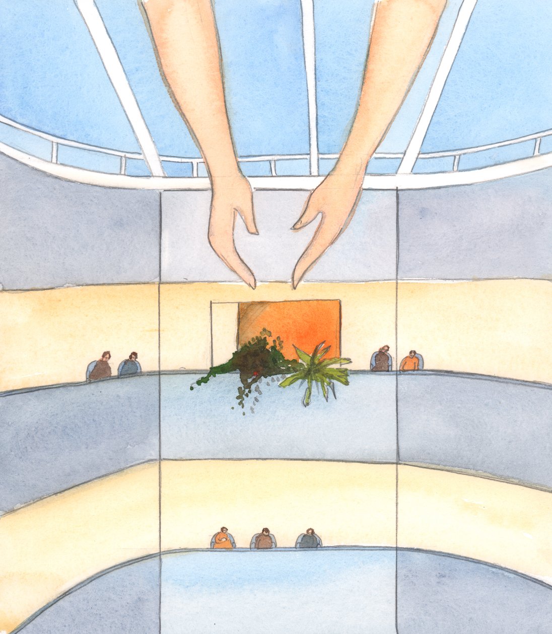 Christus liet me zien dat we vanaf elke verdieping van het ziekenhuis van St Frai in Lourdes het zonlicht en de hemelen kunnen zien, 2005 (aquarel op papier) door Elizabeth Wang