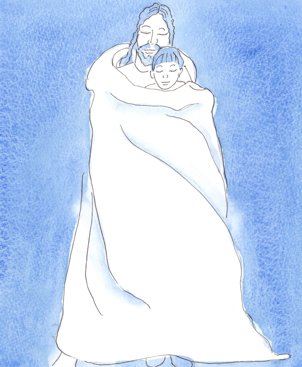 Christus staat bij ons in de Heilige Communie, ons in Zijn mantel wikkelend, zoals een man een vriend in een storm omhult, om zijn vriend dicht bij zich te houden en hem bescherming, warmte en troost te geven door Elizabeth Wang