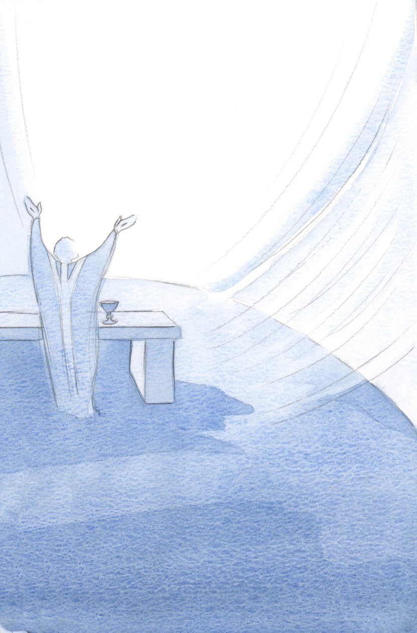 Christus ondersteunt Zijn Heilige Kerk op elk moment van haar leven, met uitgestrekte armen terwijl Hij Zijn Heilig Offer aanbiedt. door Elizabeth Wang