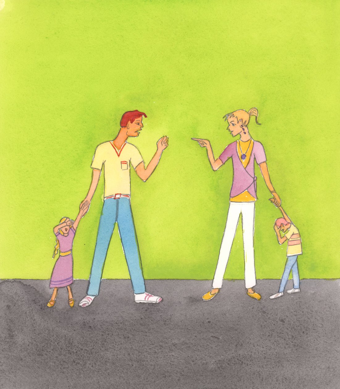 God, onze Vader, wil niet dat gezinnen verwoest worden. Hij wil geen geweld tussen echtgenoten zien, noch desertie, 2005 (aquarel op papier) door Elizabeth Wang