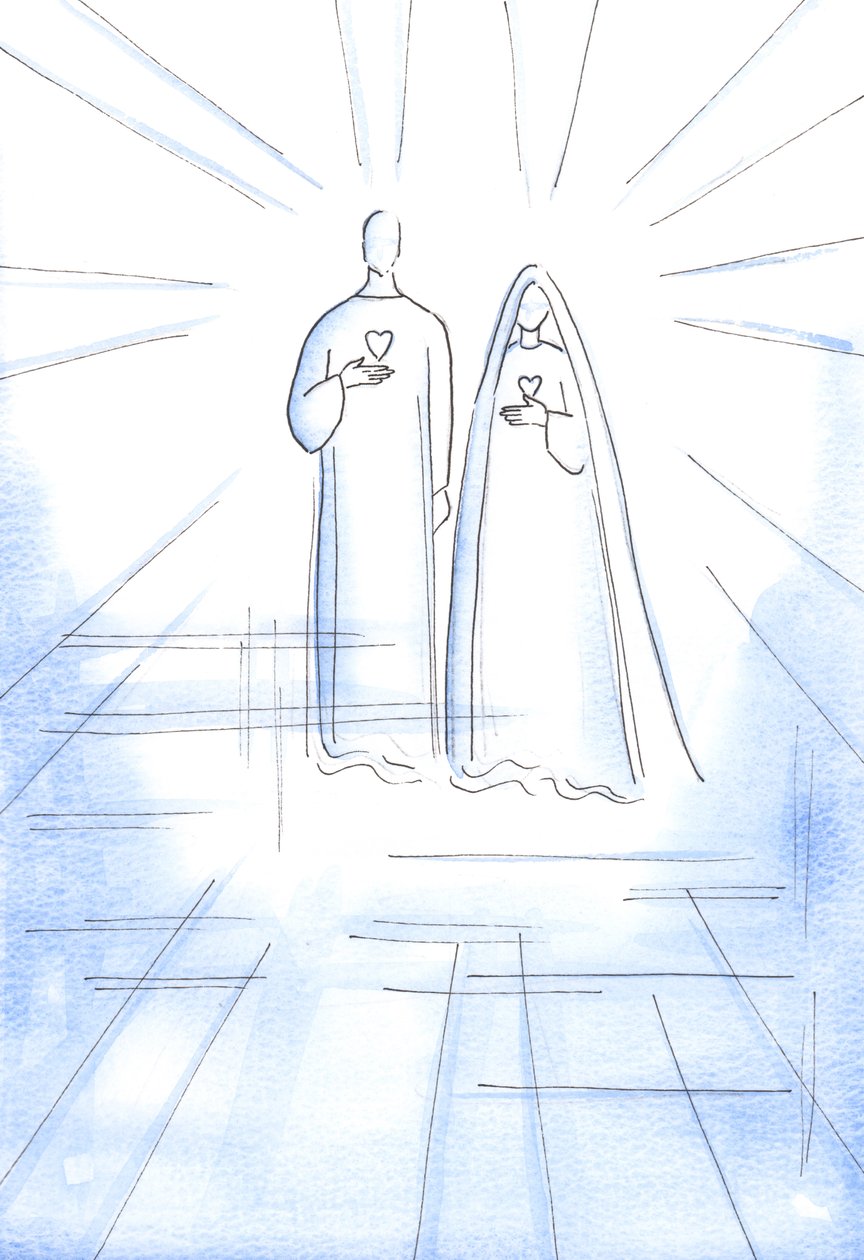 Mij werden de Twee Harten getoond: van de zondeloze Christus en van Zijn Onbevlekte Moeder, in het Stralende Licht van de Hemel door Elizabeth Wang