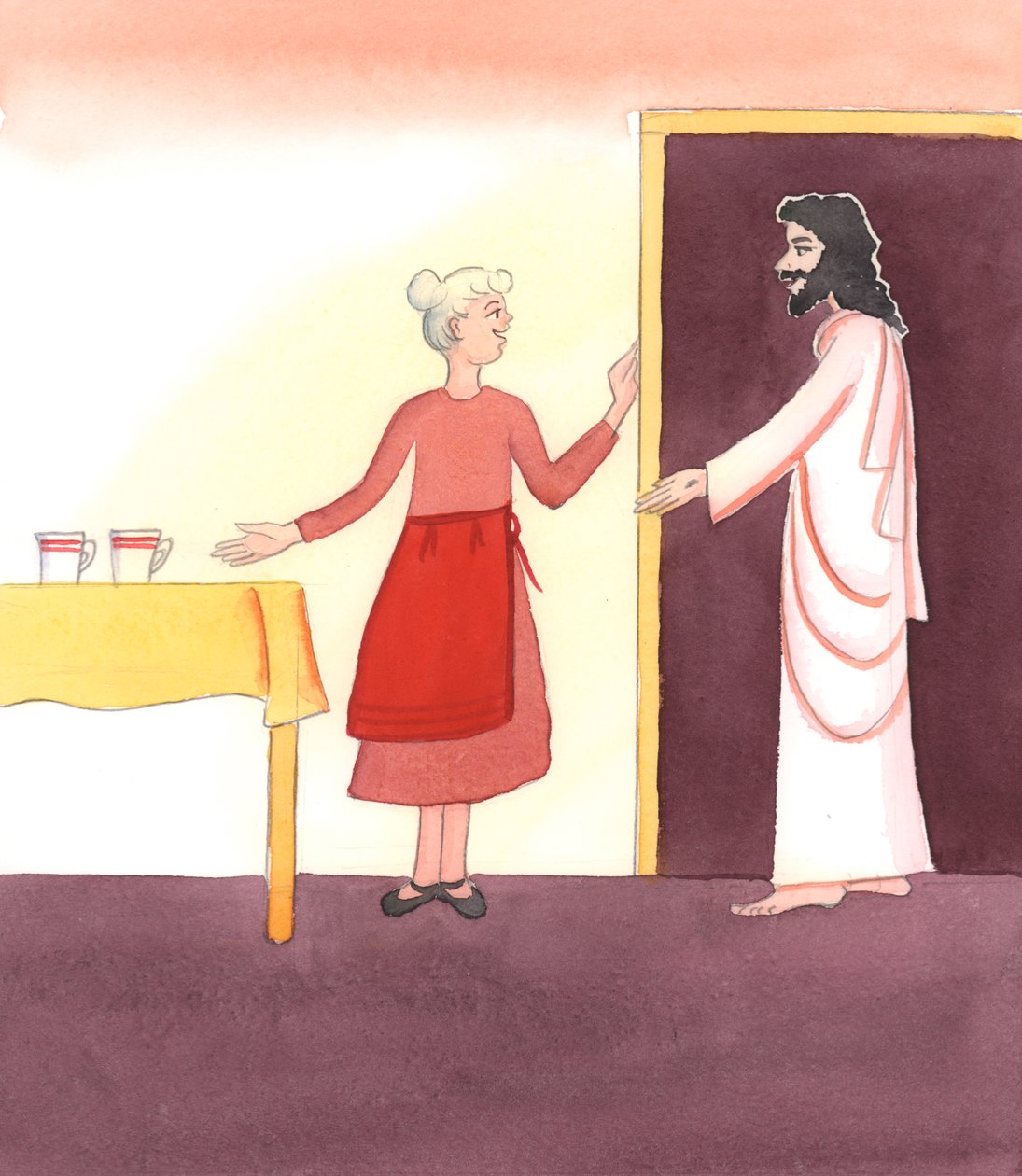 Als we Christus een warm welkom geven in het Heilig Avondmaal en daarna met Hem praten, is het alsof we Hem uitnodigen in een keuken voor een vrolijke ontmoeting, 2005 (aquarel op papier) door Elizabeth Wang