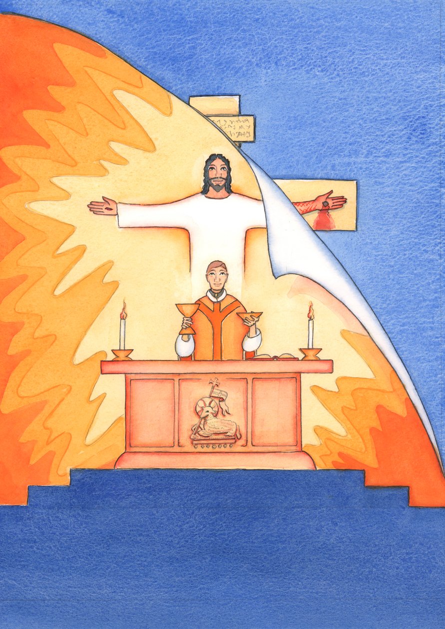 Jezus is aanwezig bij ons in de mis, biddend tot de Vader namens ons, om hulp in onze behoeften, en voor eeuwige redding. We kunnen al onze gebeden verenigen met zijn grote offergebed door Elizabeth Wang