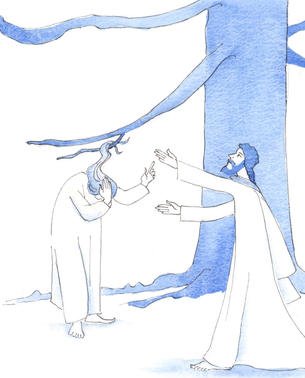 Jezus zou de eerste zijn om een vriend in nood te helpen, 2005 (aquarel op papier) door Elizabeth Wang