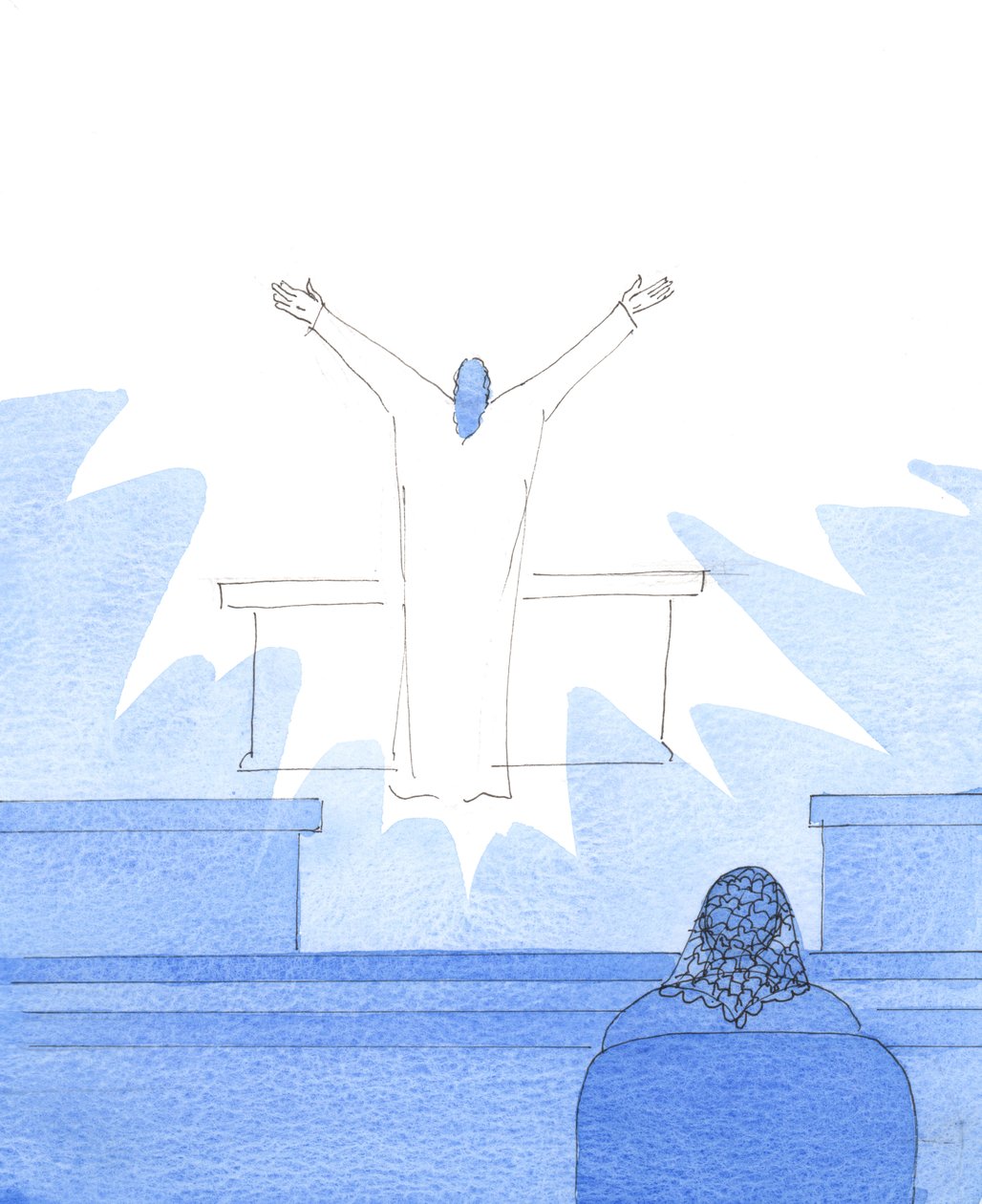 Op de verjaardag van mijn jongste zoon zag ik Christus bij het altaar, Zijn armen uitgestrekt in gebed terwijl Hij de Vader prees voor alle echtgenoten die elkaar liefhebben, 2005 (aquarel op papier) door Elizabeth Wang