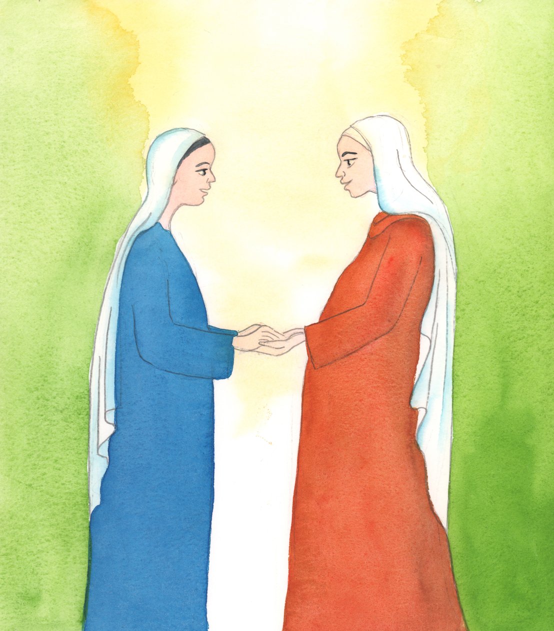 Onze Lieve Vrouw en St. Elizabeth beoefenden het; maar de deugd van gehoorzaamheid wordt tegenwoordig niet meer zo gewaardeerd, 2005 (aquarel op papier) door Elizabeth Wang