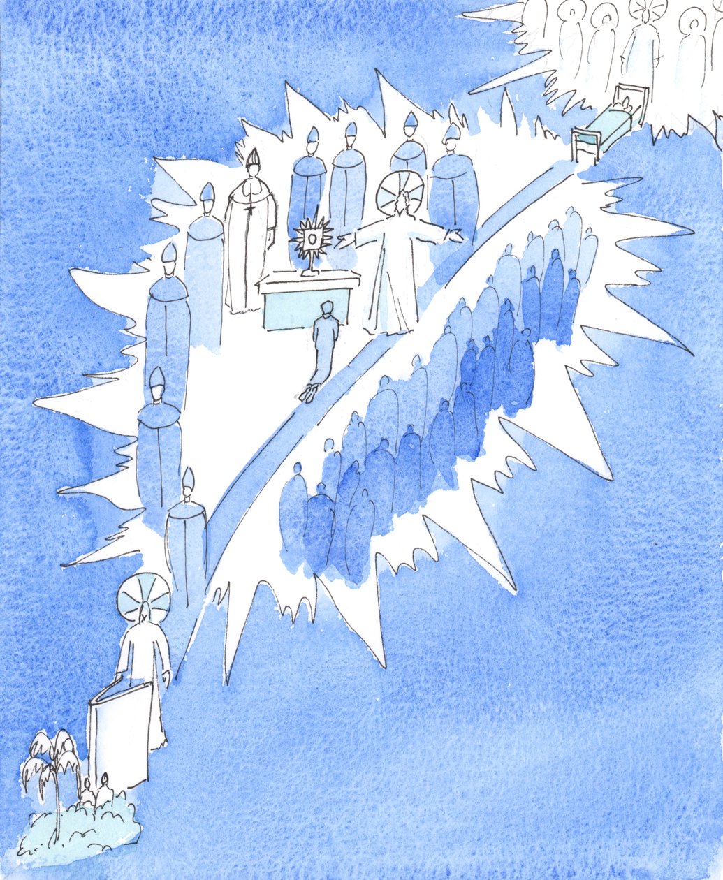 De katholieke kerk onderwijst de glorieuze waarheid dat God in het verleden op verschillende manieren naar mensen reikte, 2005 (aquarel op papier) door Elizabeth Wang