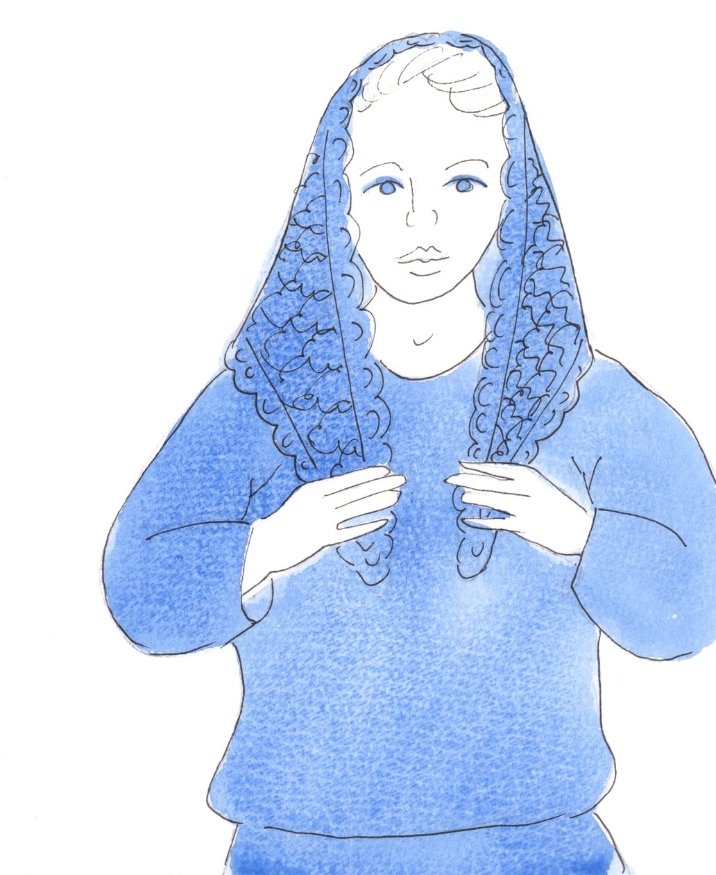 De Heer vroeg me een tekening te maken van een vrouw die haar mantilla draagt in de kerk volgens oud gebruik, 2004 (aquarel op papier) door Elizabeth Wang