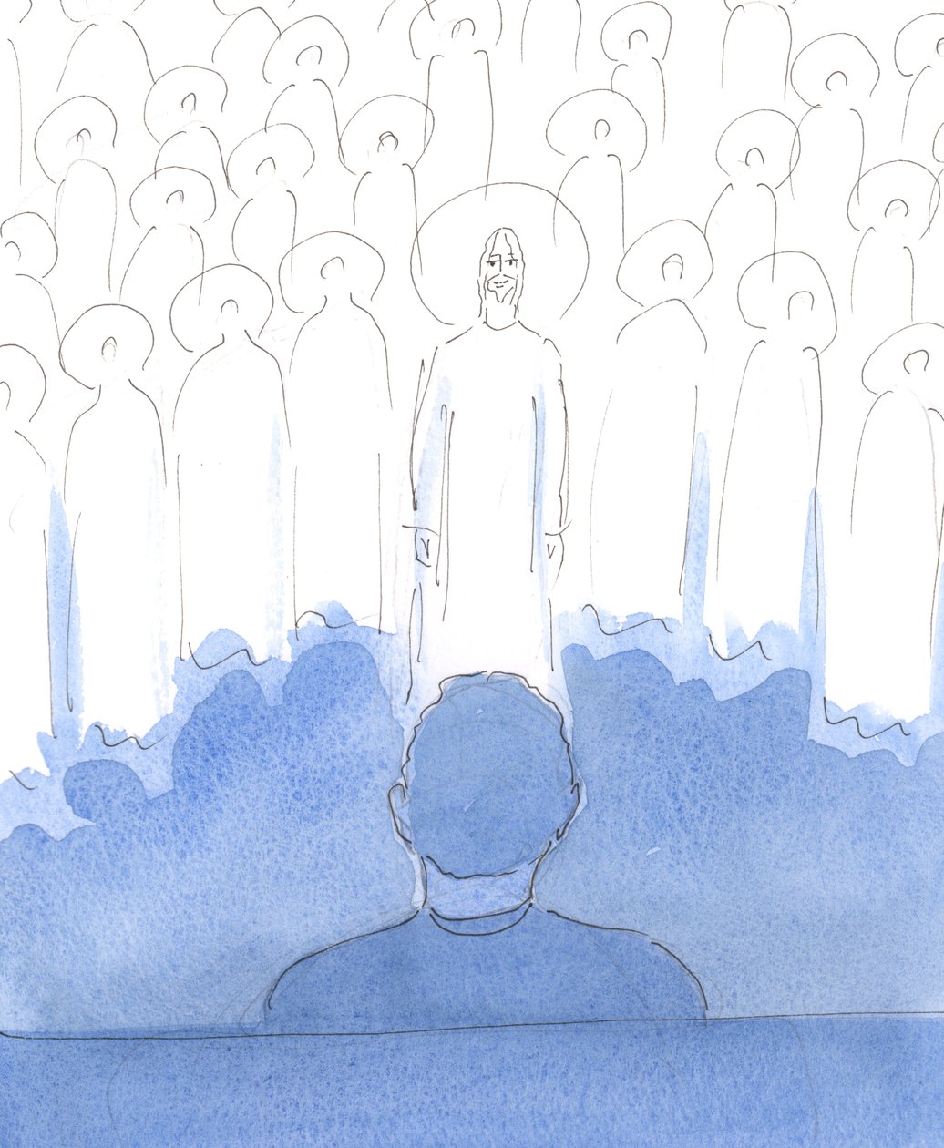 De heiligen zijn overal om ons heen, met Christus, terwijl we bidden; ze verheugen zich in de liefde in ons hart, en in elk eerbiedig woord en gebaar terwijl we hen eren, en de drie goddelijke personen aanbidden en prijzen door Elizabeth Wang