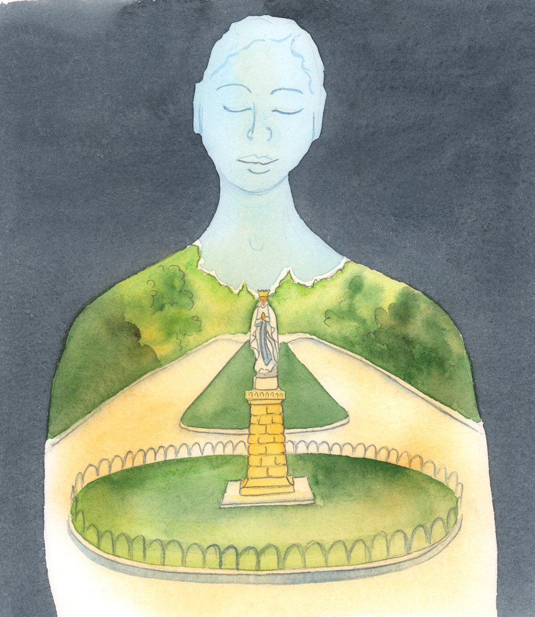 Het heilige Domaine in Lourdes kan dienen als beeld van de ziel van elk individu, 2005 (aquarel op papier) door Elizabeth Wang