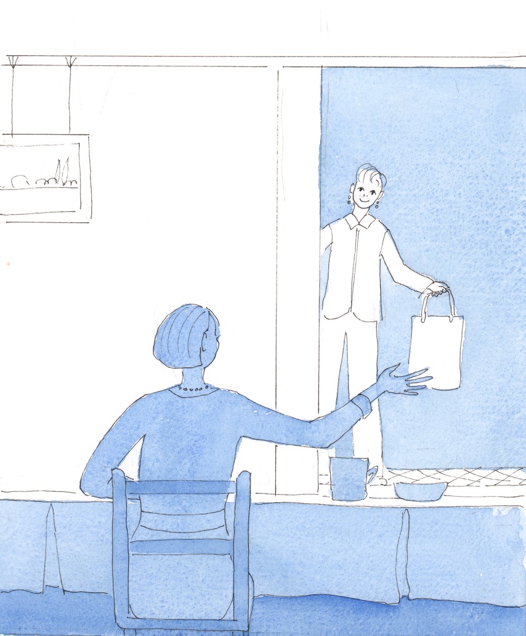 Zij die genieten van visioenen, maar genoegen nemen met het ontbreken ervan, zijn als huisvrouwen die graag bezoek ontvangen voor koffie en een praatje, maar genoegen nemen met hun gewone werk, 2004 (aquarel op papier) door Elizabeth Wang
