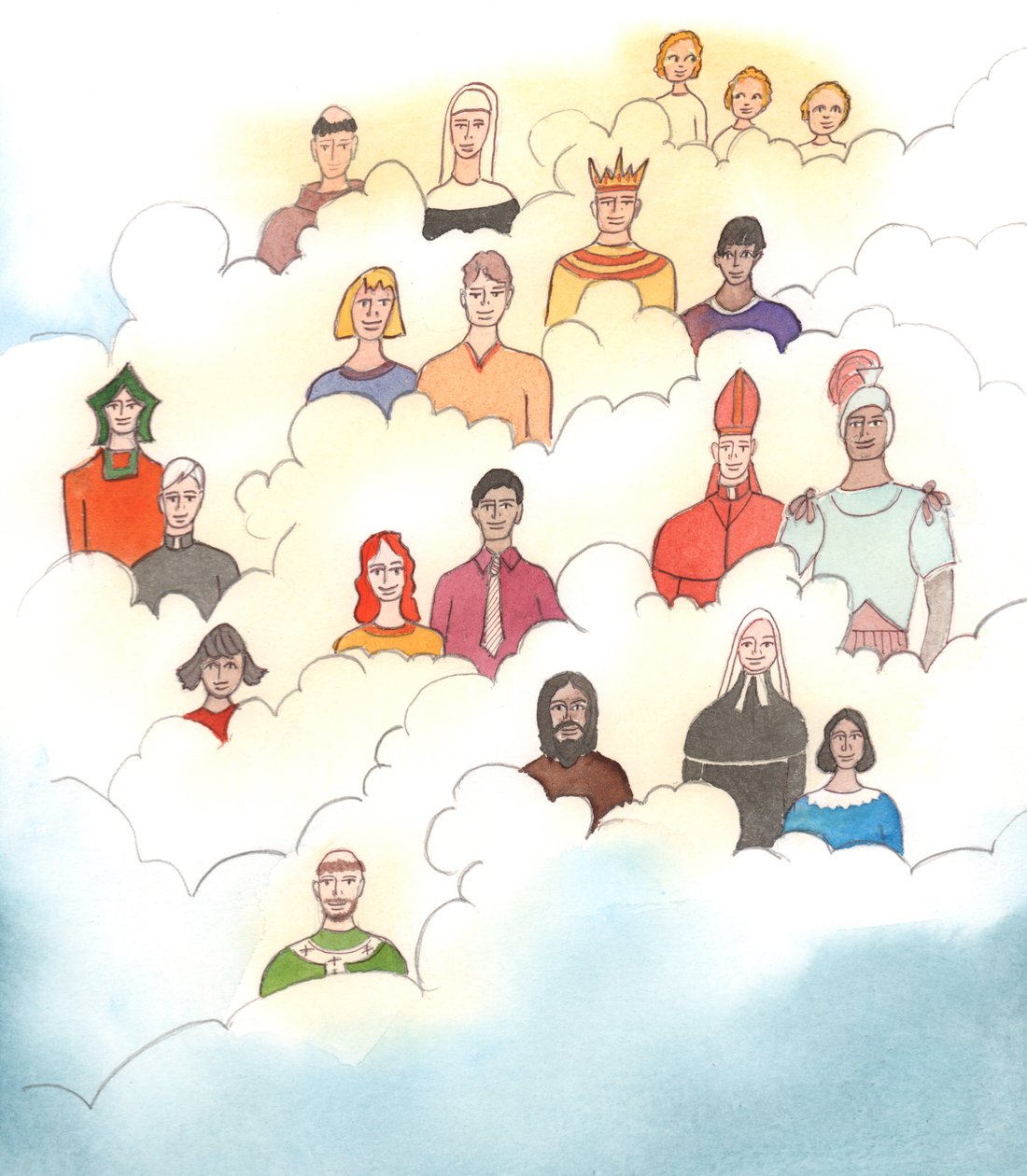 Hoewel we weten dat de heiligen niet op de wolken zitten, zoals te zien is op oude afbeeldingen, blijft de waarheid die door middel van die afbeeldingen wordt getoond hetzelfde, 2005 (aquarel op papier) door Elizabeth Wang