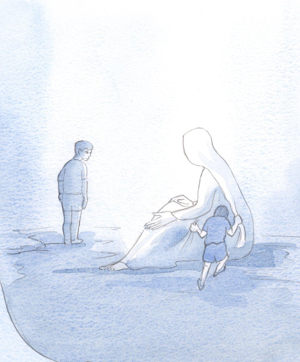 Om onze relatie met Maria te illustreren, zag ik een klein kind luidruchtig trekken, maar toch troost ontvangen; het andere kind, trots en wantrouwend, hield afstand, en miste zo haar hulp. door Elizabeth Wang