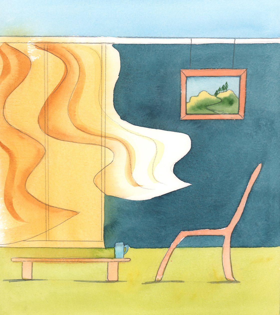 Twee mensen kunnen naar hetzelfde tafereel kijken en de een voelt afschuw - wetend dat er een moordenaar rondsluipt, terwijl de ander alleen het briesje ziet dat door de gordijnen waait - terwijl de zon naar beneden schijnt, 2005 (aquarel op papier) door Elizabeth Wang