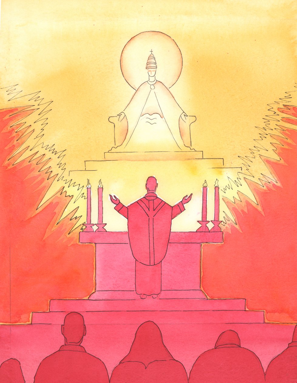 Wanneer priester en volk allemaal in dezelfde richting kijken tijdens de Mis, kijken ze allemaal samen, naar de Vader, om Hem te prijzen door Christus door Elizabeth Wang