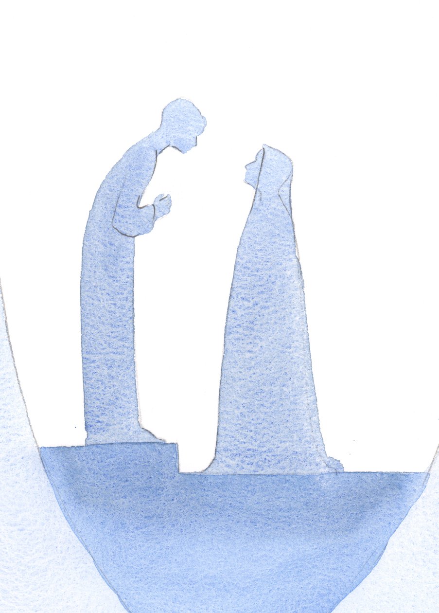 Toen het kind Jezus in de Tempel werd gevonden, leunde Hij naar voren en legde stilletjes uit aan Zijn Heilige Moeder (met oneindige vriendelijkheid) dat Zijn werk al begonnen was. door Elizabeth Wang