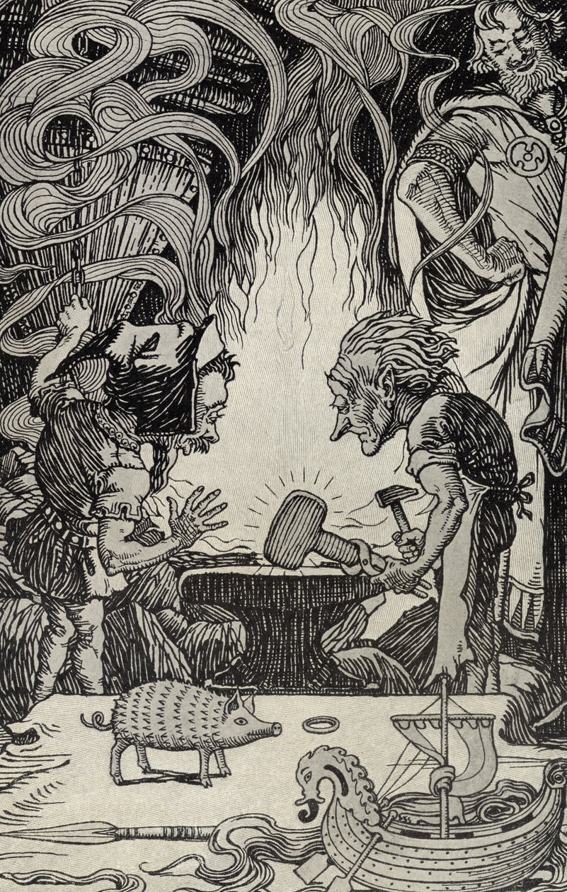 Het Derde Geschenk een Enorme Hamer, illustratie uit Myths from Many Lands, gepubliceerd 1912 door Elmer Boyd Smith