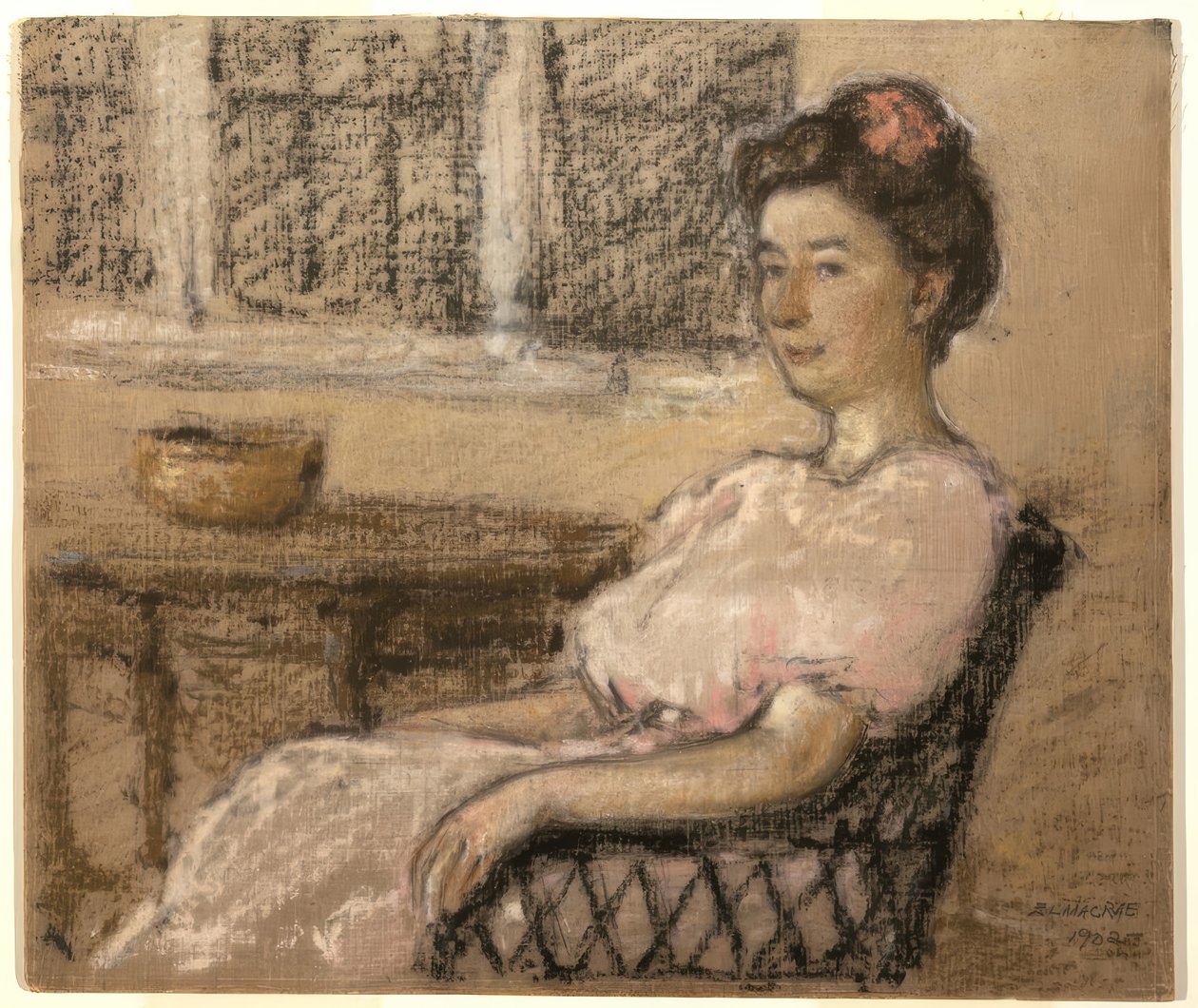 Zittende vrouw in roze door Elmer Livingston MacRae