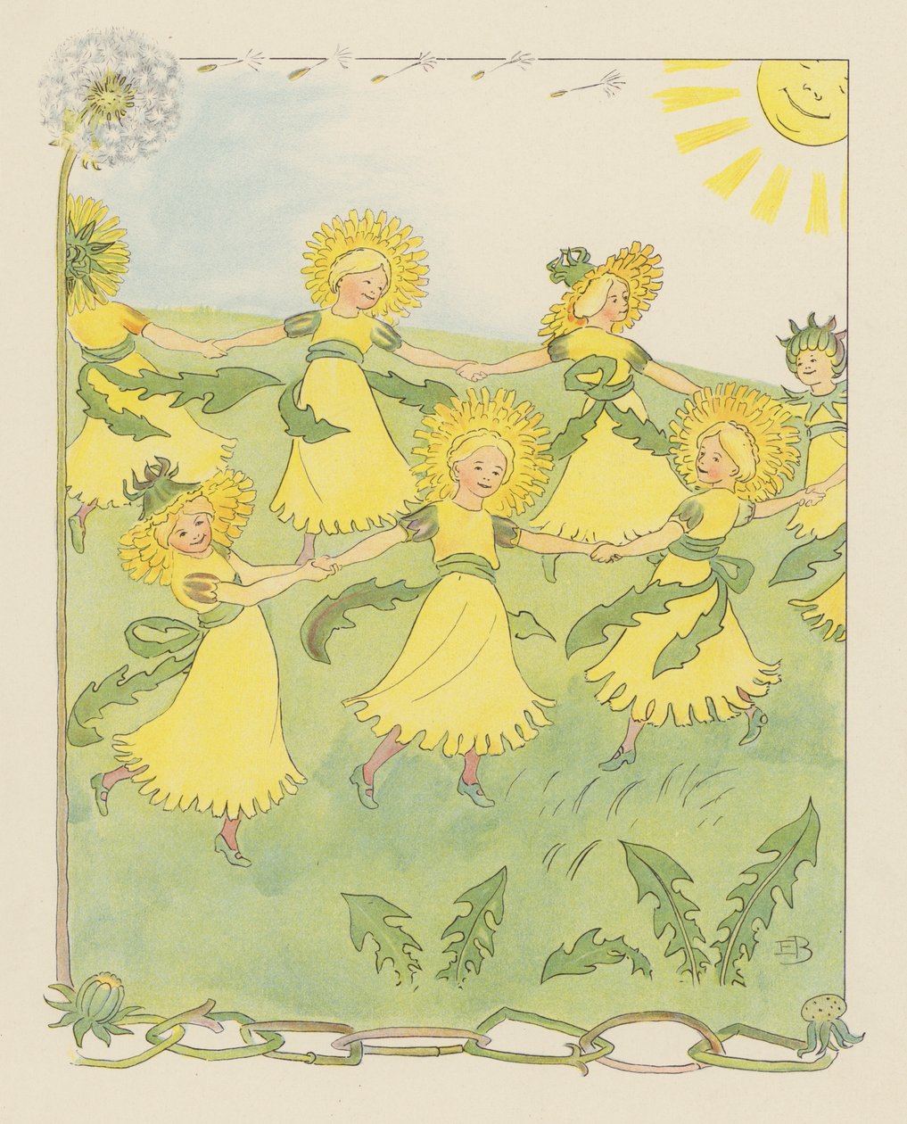 Illustratie voor Blondchen in Bluten (kleurenlitho) door Elsa Beskow