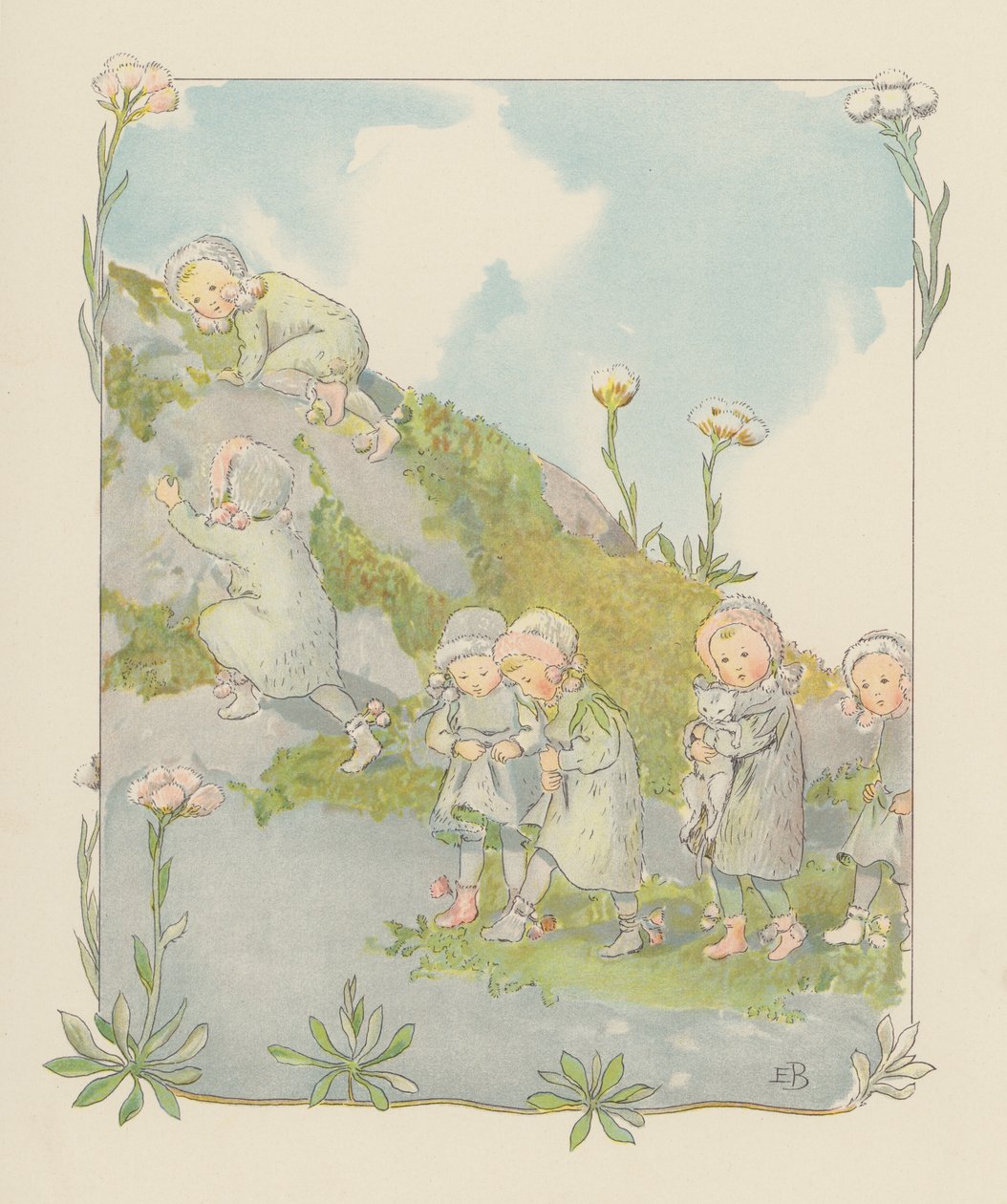 Illustratie voor Blondchen in Bluten (kleurenlitho) door Elsa Beskow