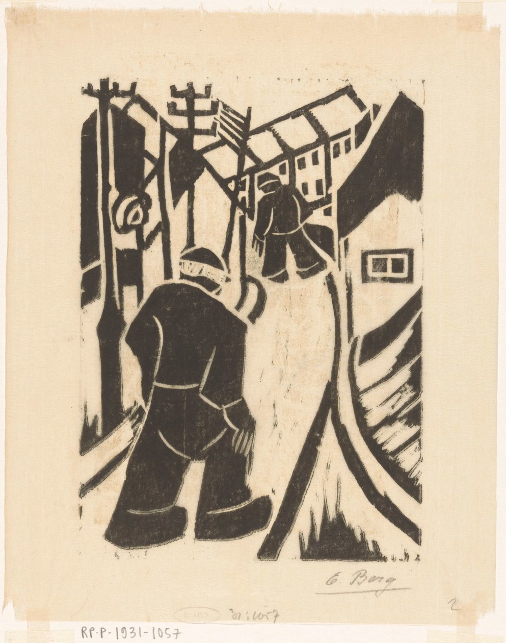Twee figuren in dorpsstraat door Else Berg (signed by artist)