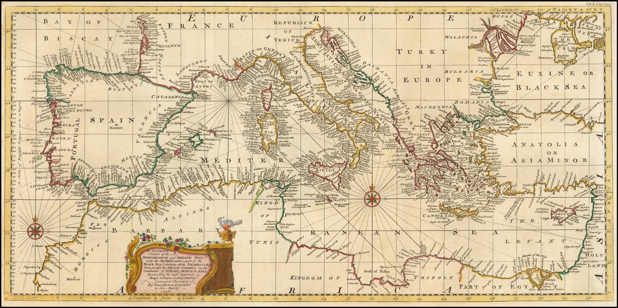 1748 kaart - Een nauwkeurige kaart van de Middellandse Zee en de Adriatische Zee; met de Archipel en een deel van de Zwarte Zee door Emanuel Bowen