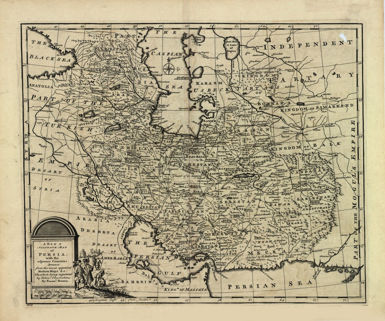 Nieuwe en nauwkeurige kaart van Perzië, met het Safavidische en Mughal-rijk door Emanuel Bowen