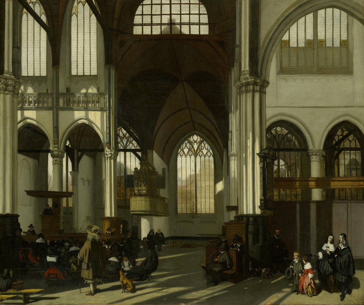 Interieur van de Oude Kerk te Amsterdam, zicht door het transept naar het noorden door Emanuel de Witte