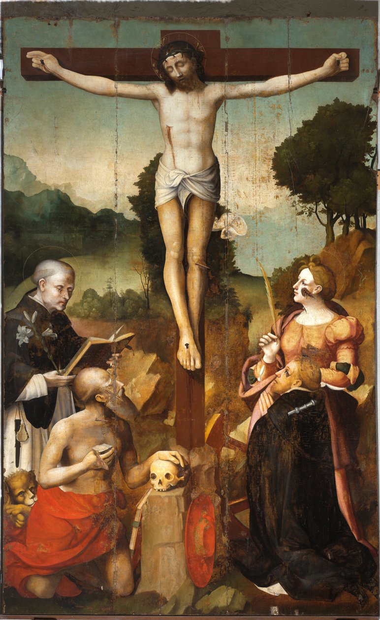 Kruisiging van Christus met Sint Dominicus, Sint Hiëronymus, Sint Catharina van Alexandrië en Sint Petrus de martelaar door Emanuele & Pancalino Cristoforo (Raffaello de Rossi) (fl.1525-1578) Macario