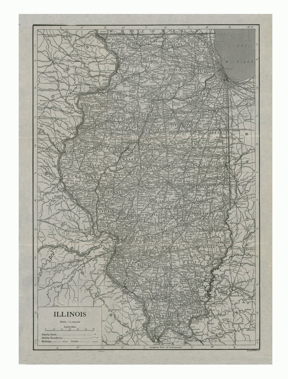 Kaart van Illinois, VS, ca. 1910s door Emery Walker