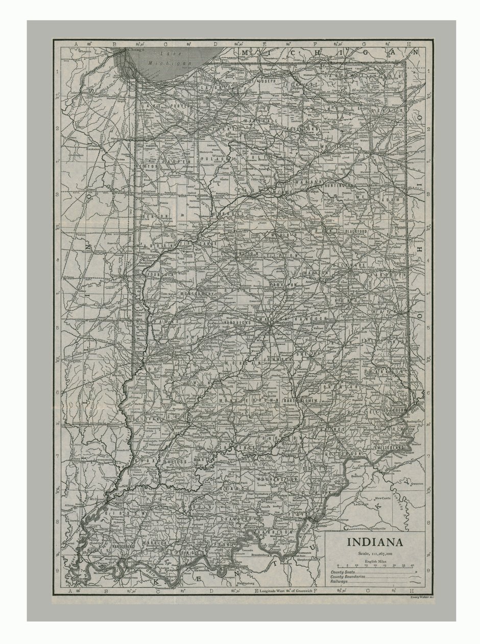 Kaart van Indiana, VS, ca. 1900s door Emery Walker