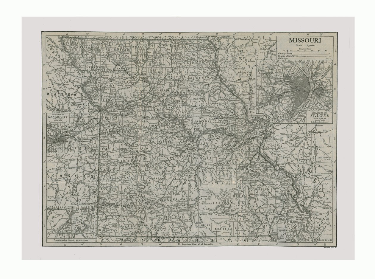 Kaart van Missouri, VS, ca. 1900 door Emery Walker