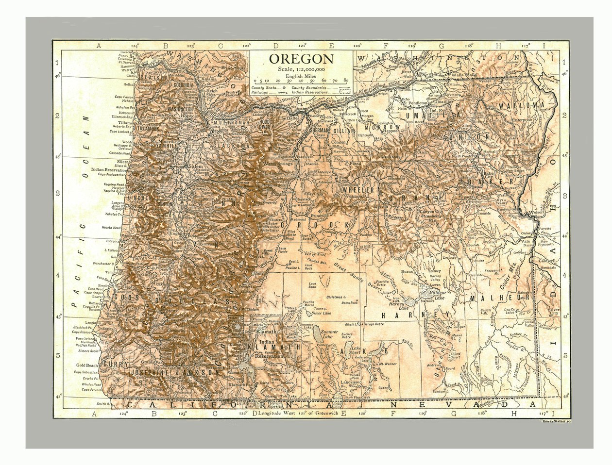 Kaart van Oregon, ca. 1910 door Emery Walker