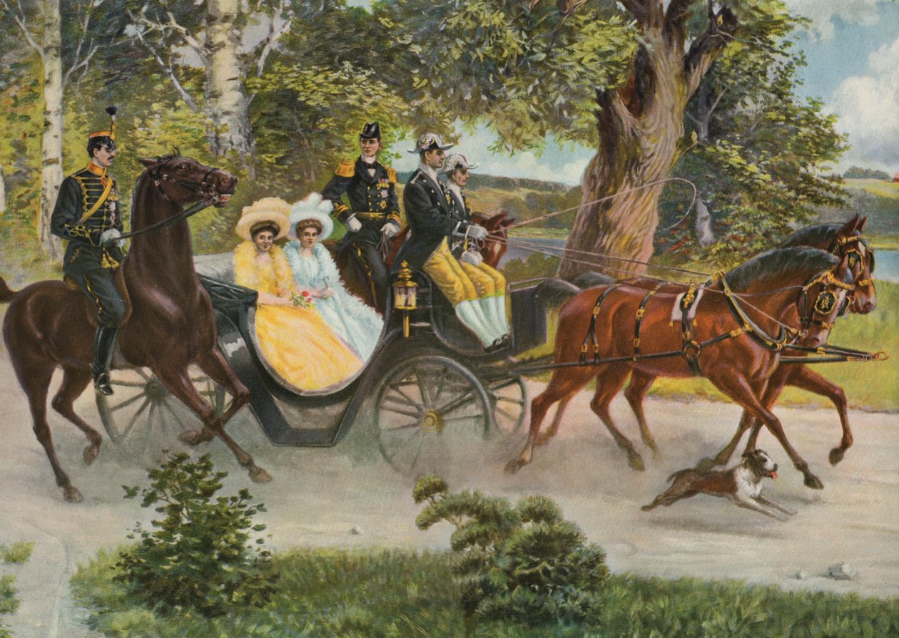 Margaret van Connaught met Gustaf VI Adolf en Prins Wilhelm van Zweden met zijn vrouw Groothertogin Maria Pavlovna van Rusland, ca. 1914 door Emil (after) Aberg