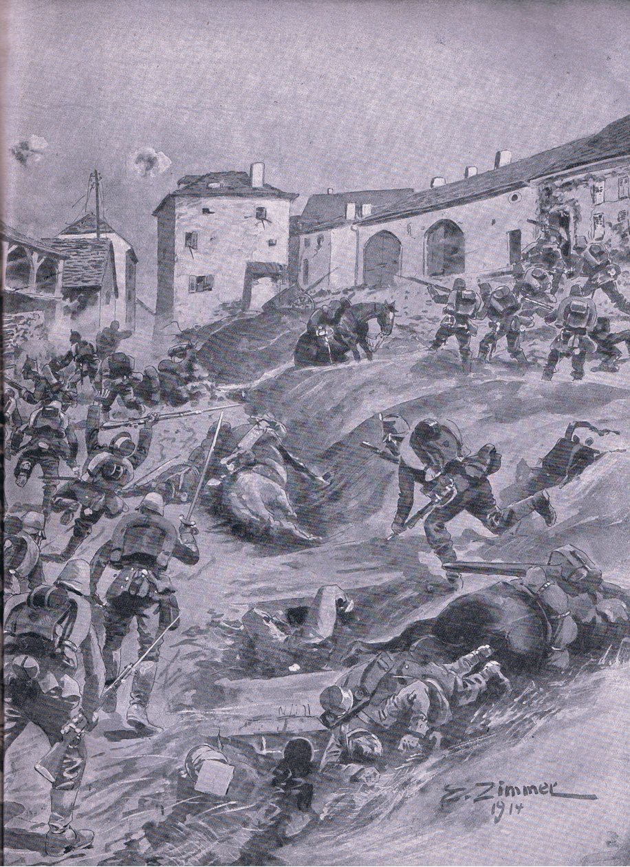 Het Aschaffenbergse 2e Beierse Jagersbataljon bij Lagarde augustus 1914, uit De Geïllustreerde Geschiedenis van de Wereldoorlog 1914-1915 uitgegeven door Union Berlagsefellfchaft door Emil (after) Limmer