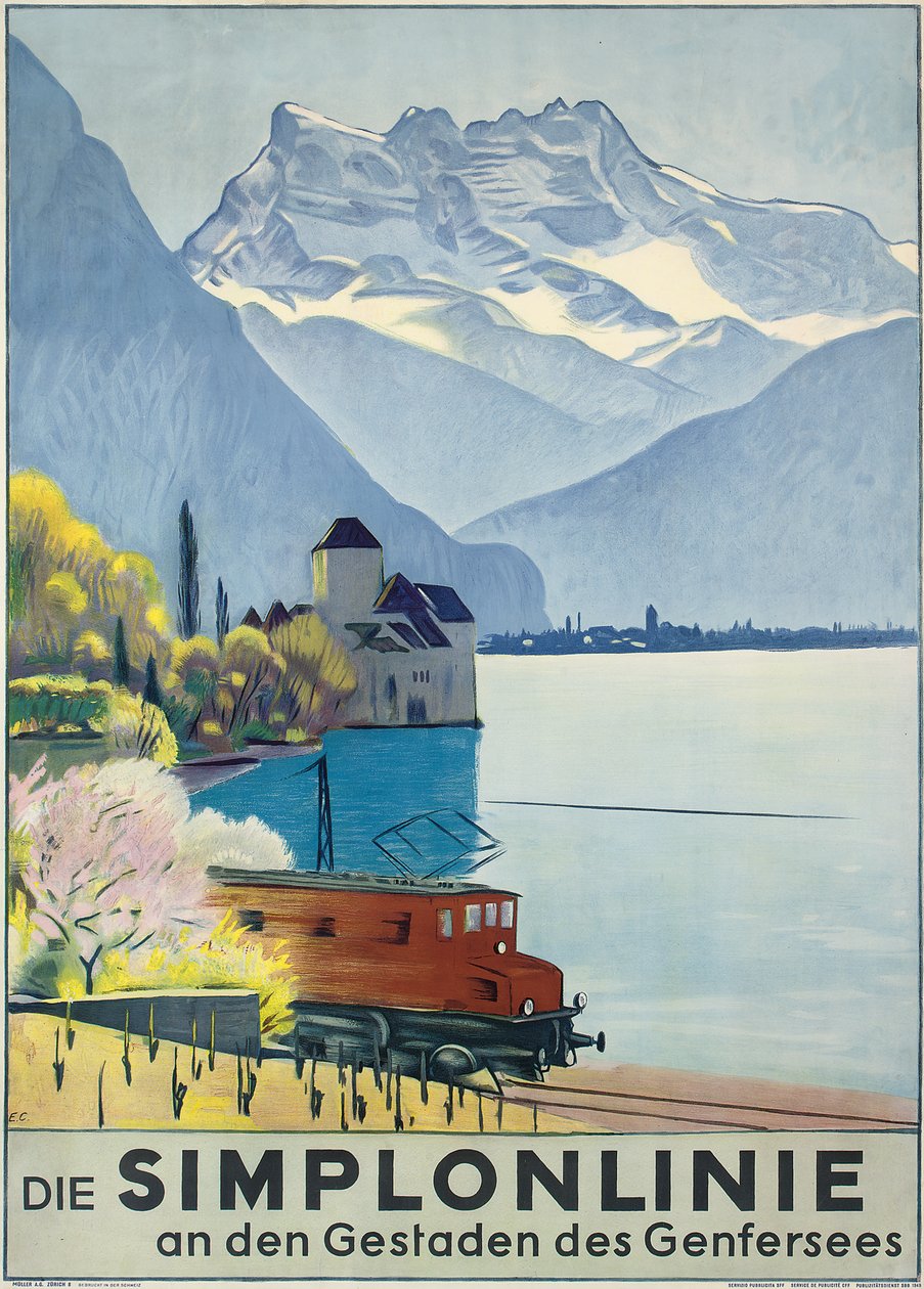 Simplonlinie, poster die treinreizen rond het Meer van Genève adverteert door Emil Cardinaux