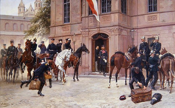 Kroonprins Ludwig IV van Hessen-Darmstadt neemt afscheid van Cornelius Heyl, voor Schlosschen, Worms, voordat hij vertrekt naar de Slag bij Sedan in 1870 door Emil Huenten
