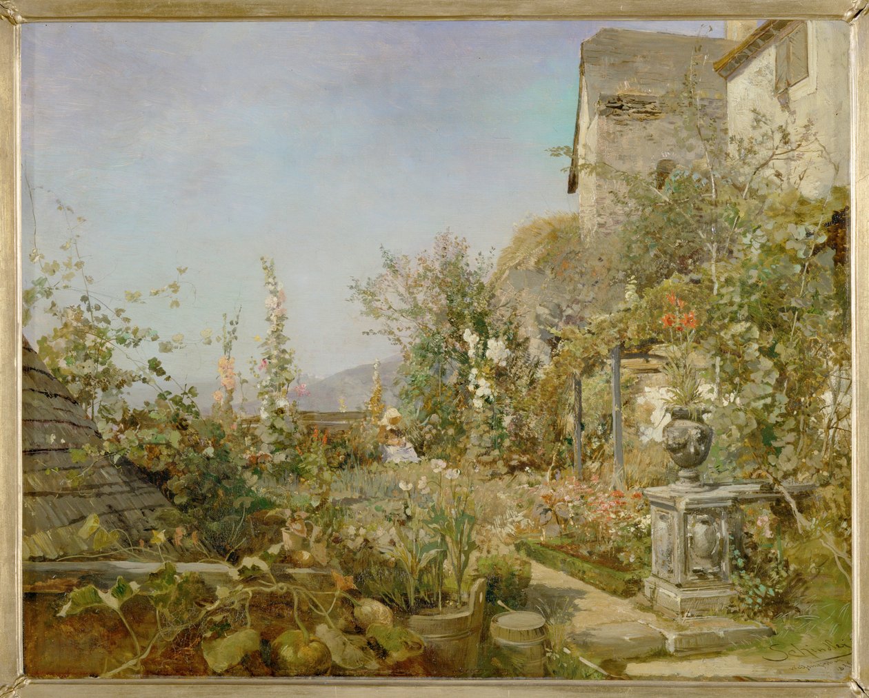 Blumengarten in Weissenkirchen - Tuin met bloemen in Weissenkirchen ... (olieverf op hout) door Emil Jakob Schindler